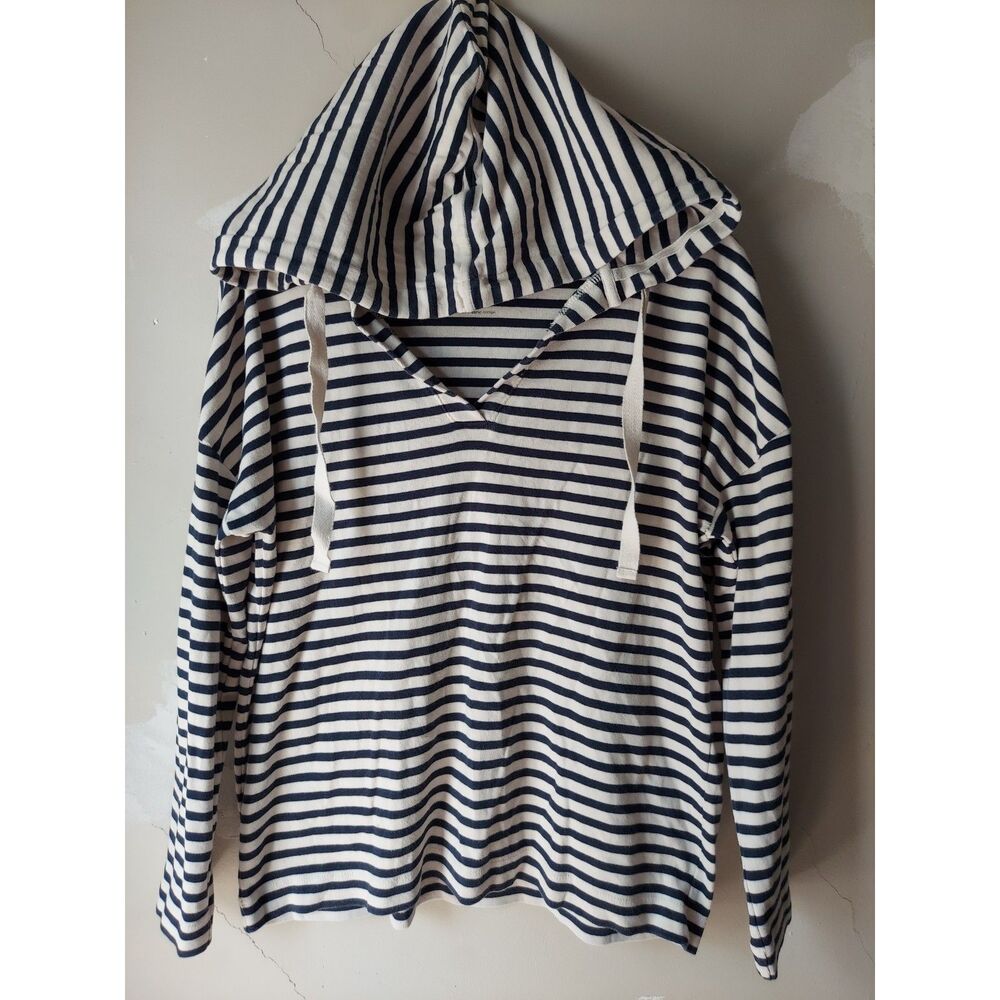 Lou & Grey Nautical Navy & White Striped Hoodie Pullover Relaxed Organic Cotton
